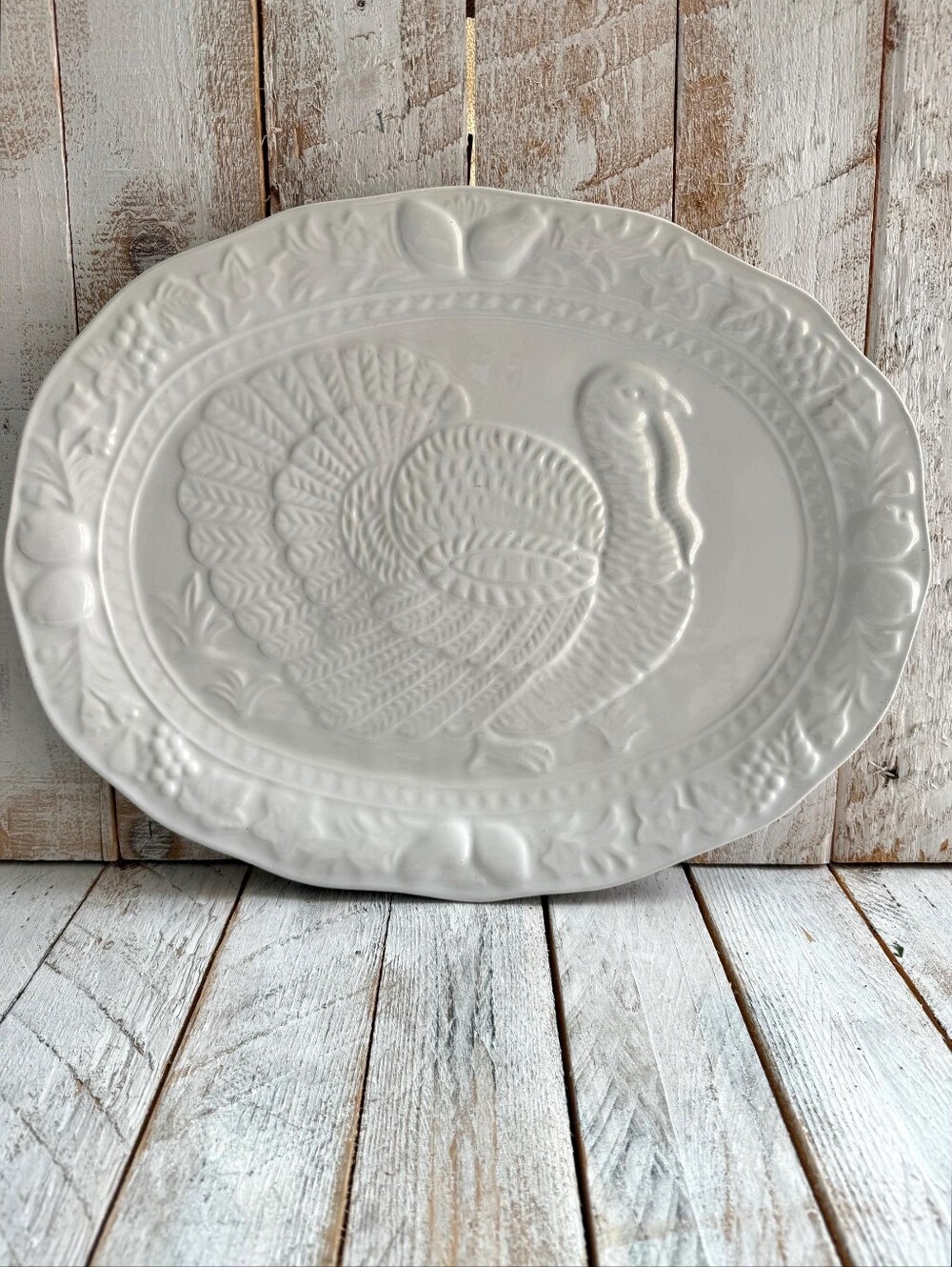 Vintage White Ceramic Thanksgiving Turkey Platter Large 20" Serving Tray